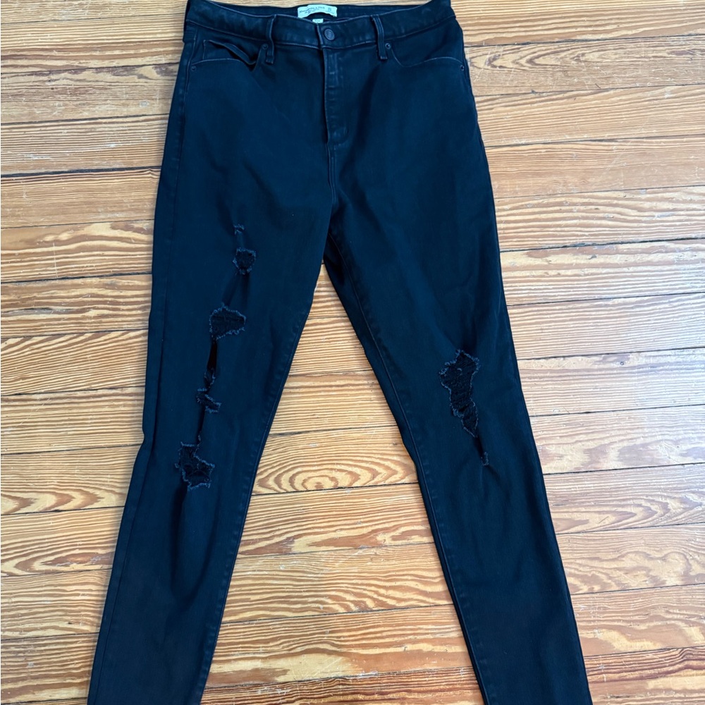 Abercrombie & Fitch Super Skinny High Rise Distressed Black Jeans Curve Love 32L